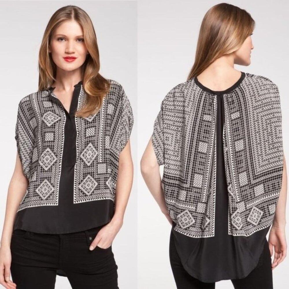 BCBG MaxAzira 'Ayanna' Geometric Print Boho Scarf Blouse Black/White size XS